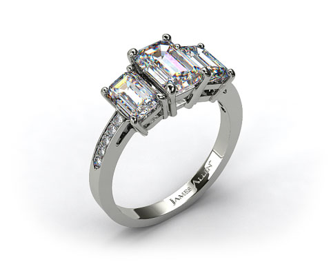 18k White Gold Three Stone Emerald and Pave Set Diamond Engagement Ring